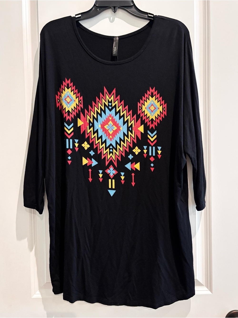 VOLL Black Aztec Southwest Boho Long Sleeve Top Women’s Large Soft Western